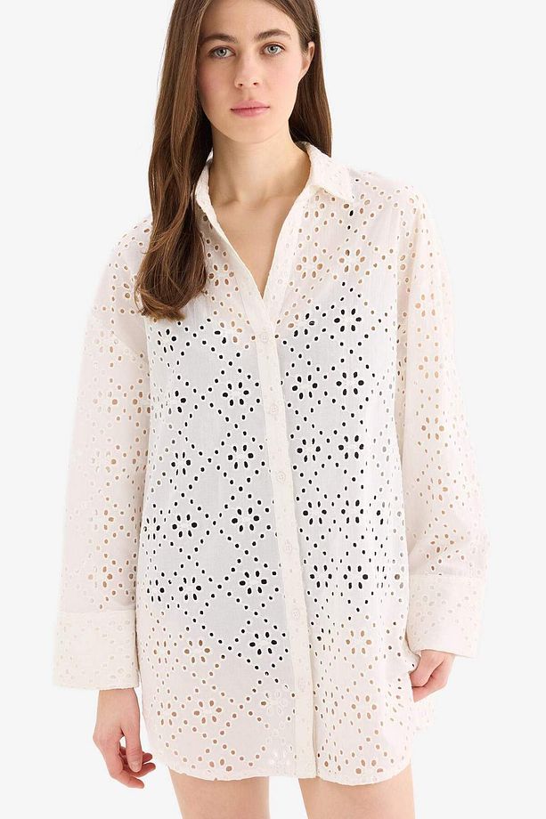 Fall in Love Pamuklu Delik İşlemeli Pembe Plaj Gömleği C0506AX24SM - 4