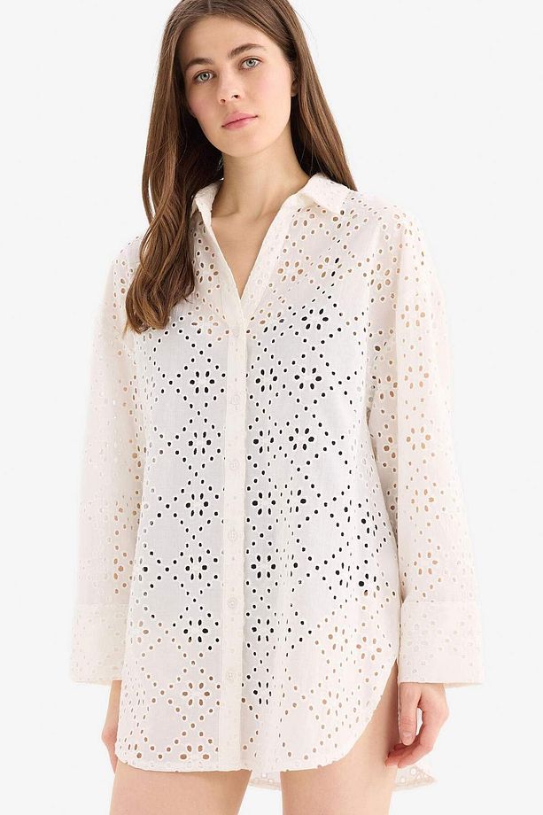 Fall in Love Pamuklu Delik İşlemeli Pembe Plaj Gömleği C0506AX24SM - 1