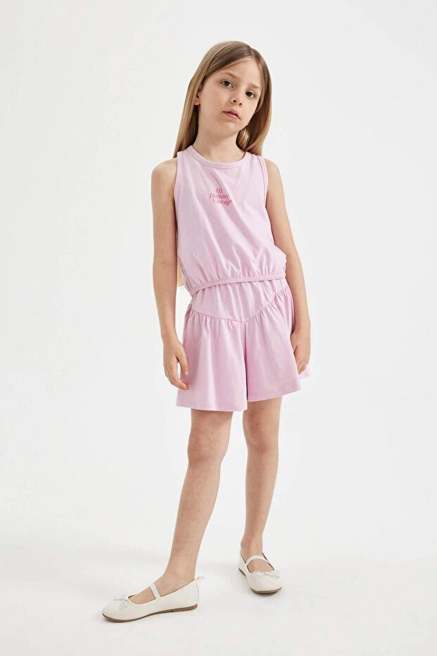 Kız Çocuk 2'li Takım Bisiklet Yaka Baskılı Atlet Şort C5368A824SM - 2