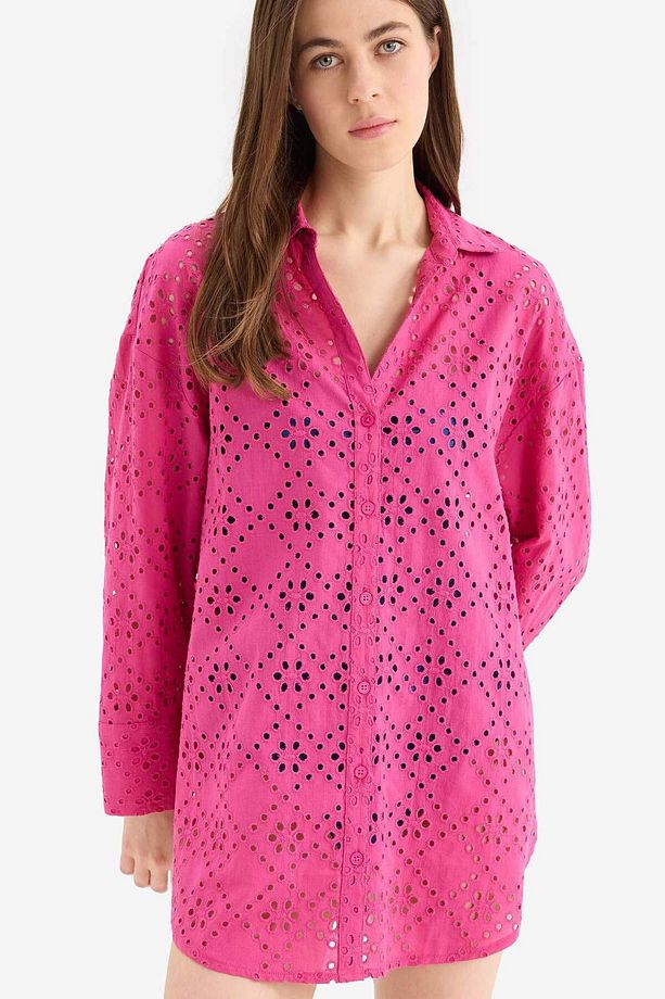 Fall in Love Pamuklu Delik İşlemeli Pembe Plaj Gömleği C0506AX24SM - 2