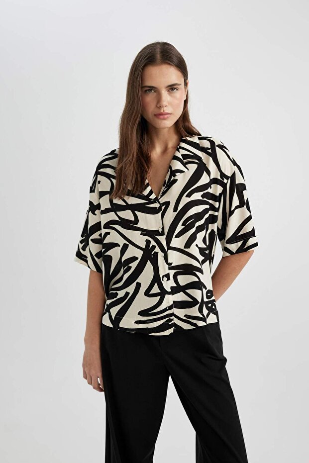 Regular Fit Desenli Pijama Yaka Kısa Kollu Gömlek C3389AX24SM - 1