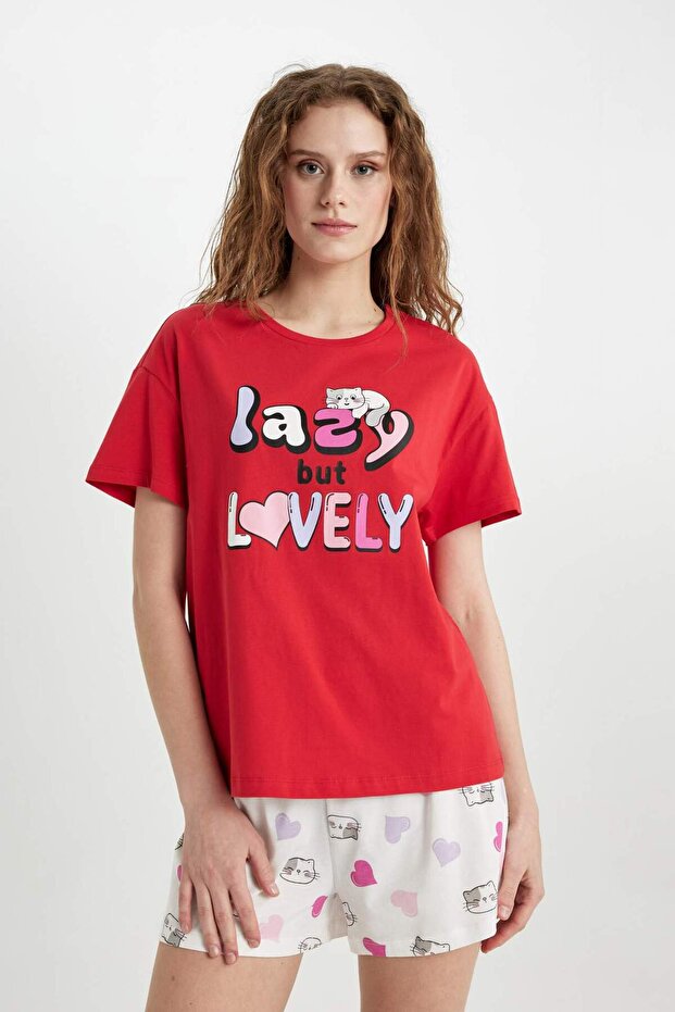 Pijama Takımı Regular Fit Baskılı Kısa Kollu Üst Şort -Fall in Love C0770AX24SM - 3
