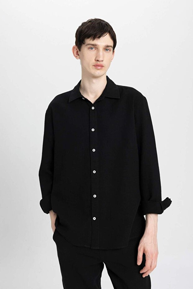 Relax Fit Polo Neck Cotton Basic Solid Long Sleeve Shirt C3351Ax24Sp