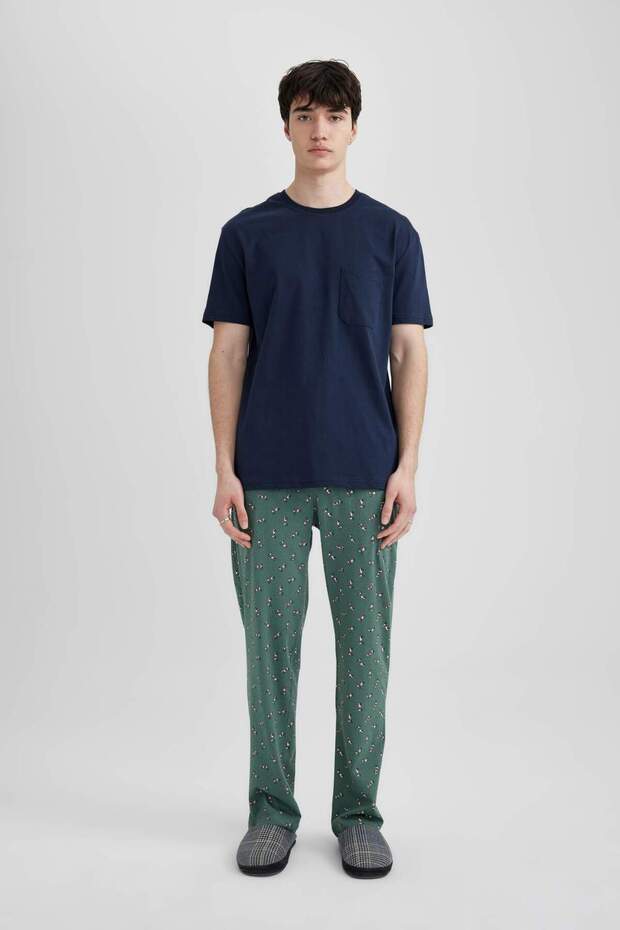 Regular Fit Pijama Takımı Basic Düz Kısa Kollu Üst Beli Lastikli Desenli Uzun Alt B7278AX24SP - 2
