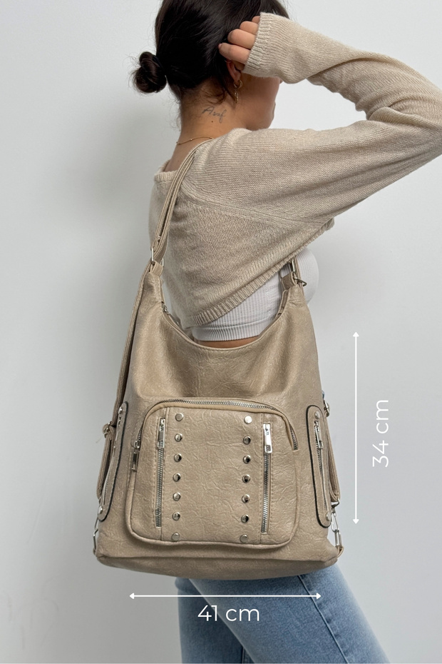 New Casual Model Quality Soft Leather Stone Side Pocket Multi-Section Large Size Back and Shoulder Bag