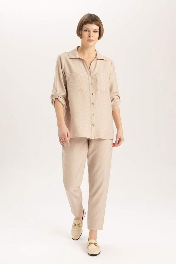 Jogger Pantolon Keten Görünümlü Cepli Yüksek Bel Düz Paça R0433AZ24SM - 4