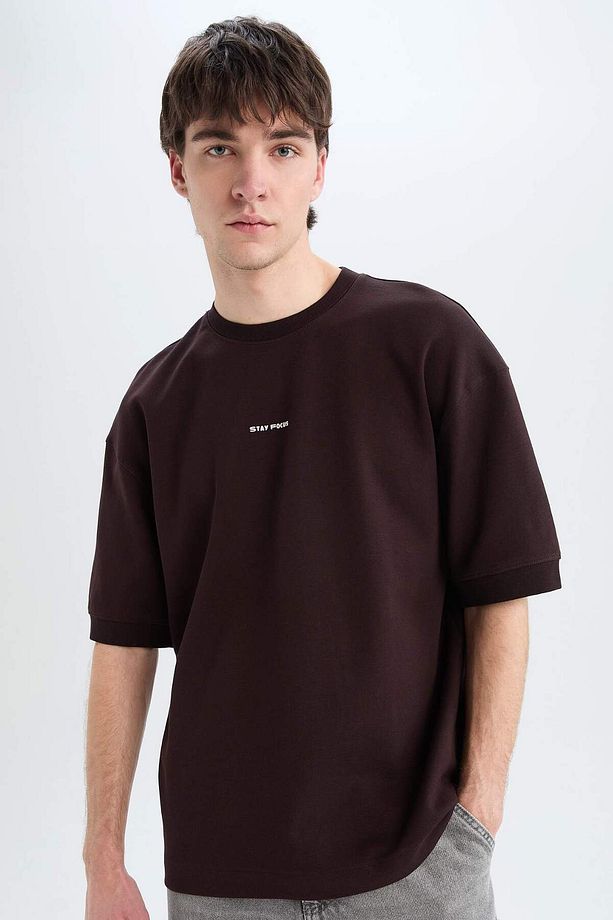 Loose Fit Bisiklet Yaka Baskılı Kısa Kollu Ağır Kumaş Tişört C0896AX24SP - 1