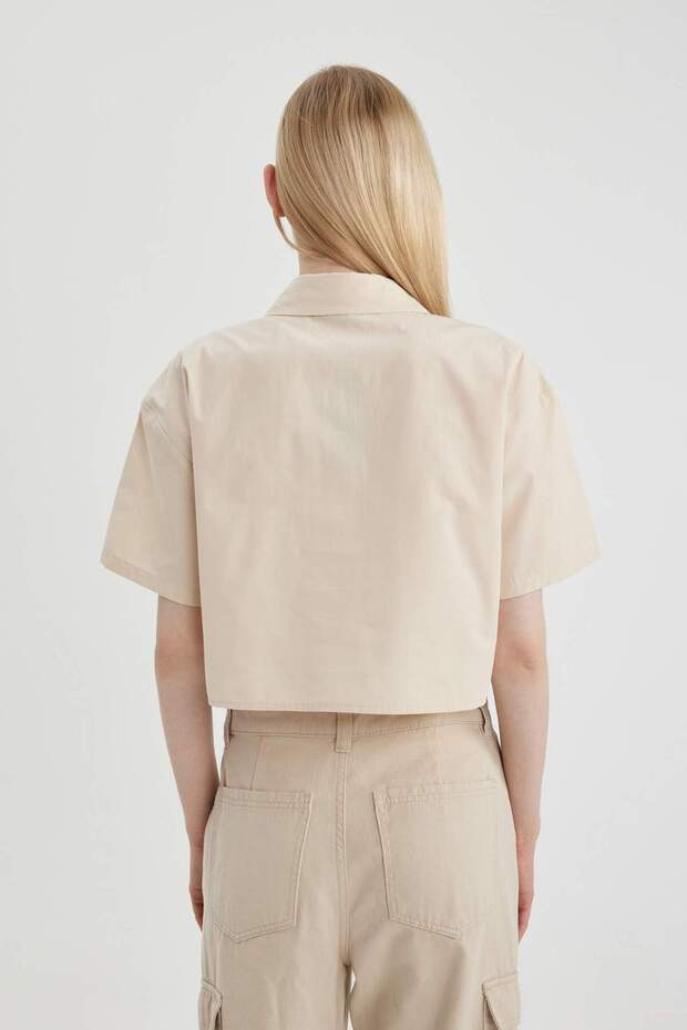 Coool Oversize Geniş Kalıp Poplin Kısa Kollu Crop Gömlek C0739AX24SP - 4