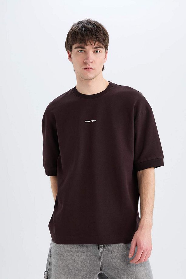 Loose Fit Bisiklet Yaka Baskılı Kısa Kollu Ağır Kumaş Tişört C0896AX24SP - 3