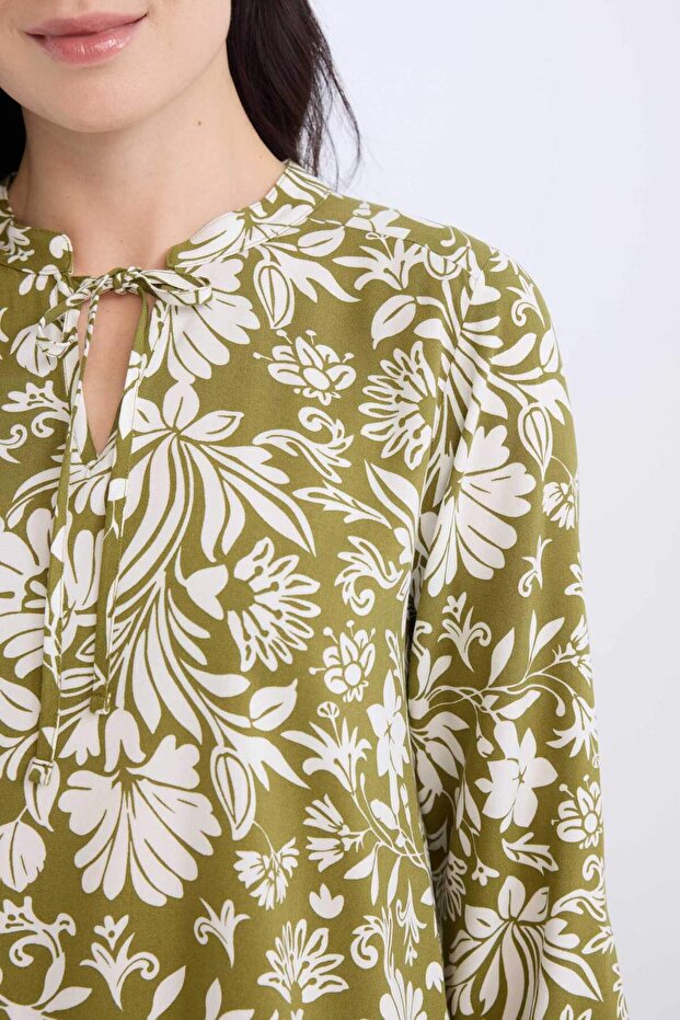 Regular Fit Bağcıklı Yaka Desenli Uzun Kollu Bluz N1809AZ24SP - 4