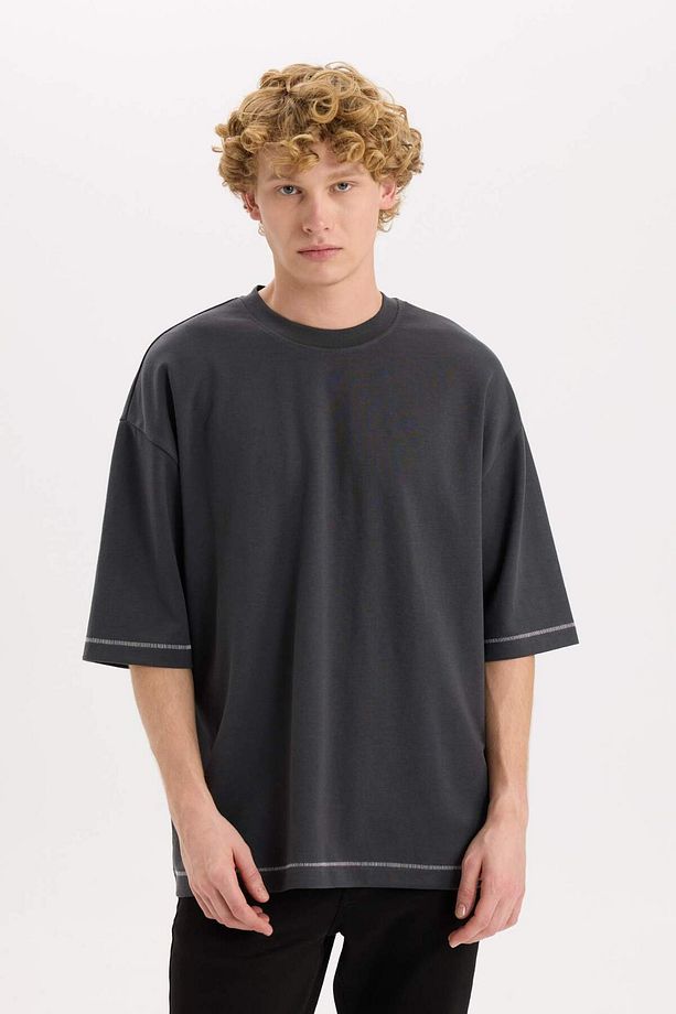 Loose Fit Bisiklet Yaka Kısa Kollu Ağır Kumaş Tişört C0147AX24SP - 3
