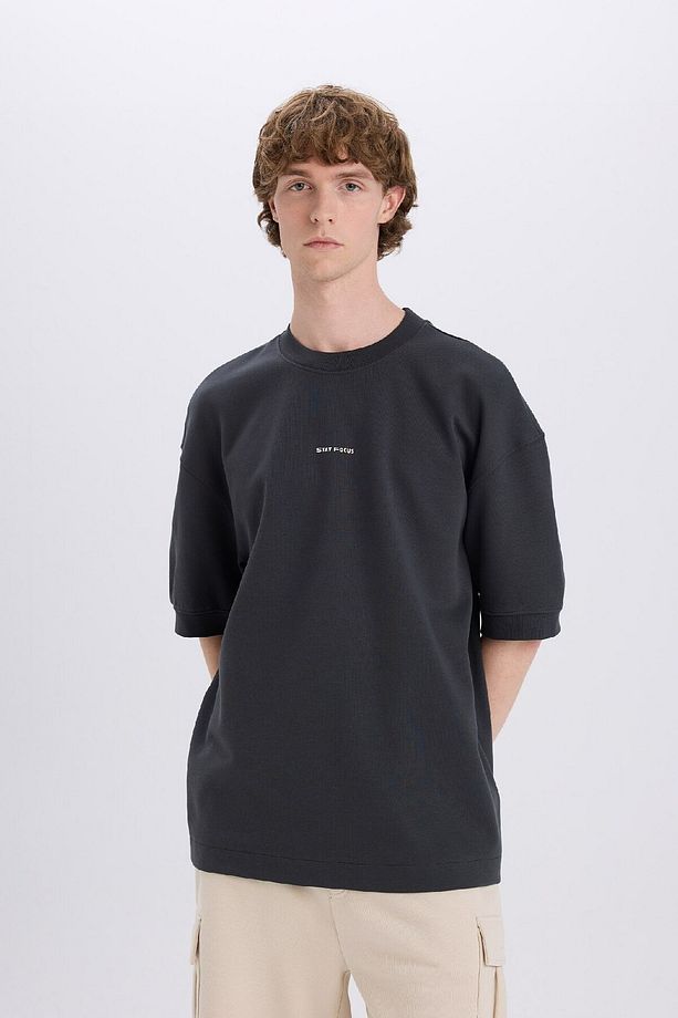 Loose Fit Bisiklet Yaka Baskılı Kısa Kollu Ağır Kumaş Tişört C0896AX24SP - 3