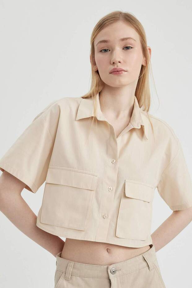Coool Oversize Geniş Kalıp Poplin Kısa Kollu Crop Gömlek C0739AX24SP - 1