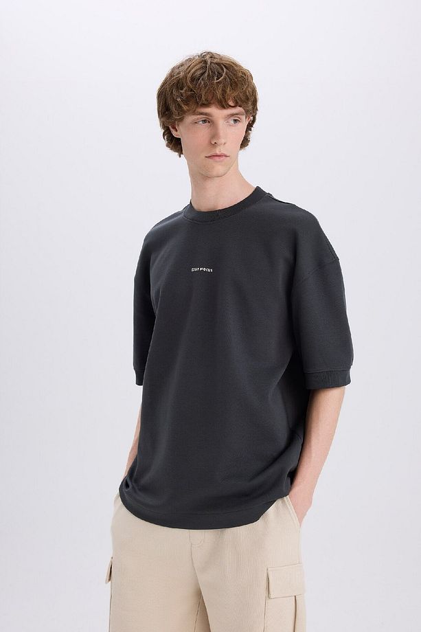 Loose Fit Bisiklet Yaka Baskılı Kısa Kollu Ağır Kumaş Tişört C0896AX24SP - 4