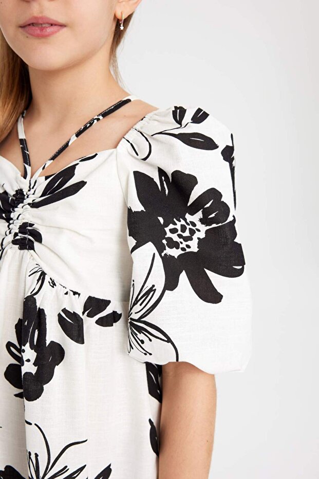 Kız Çocuk Desenli Kısa Kollu Pamuklu Elbise C0534A824SM - 5