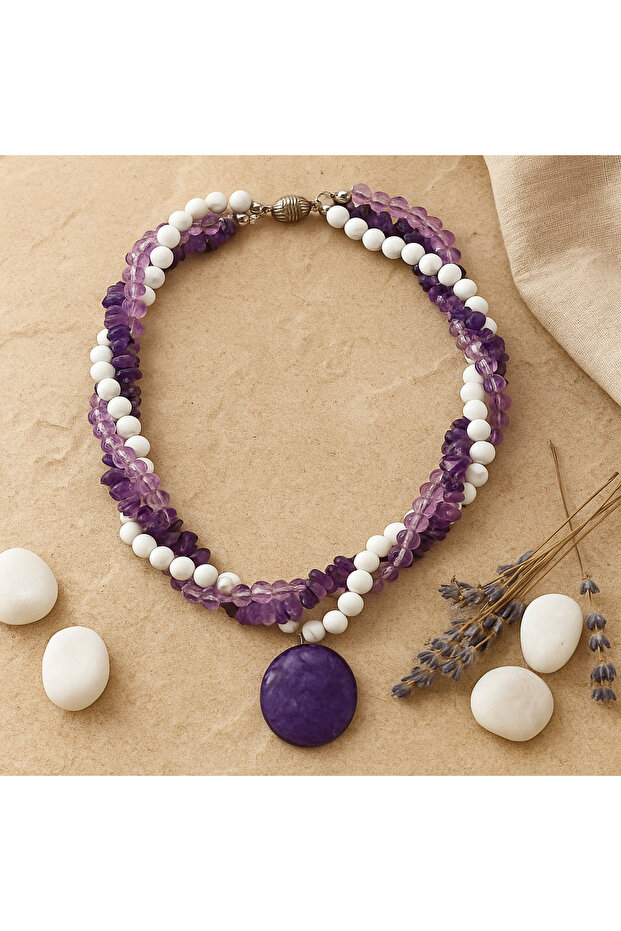 Amethyst Howlite Crystal Three Rows Decision Making Intuitive Power and Negative Energy Cleansing Necklace