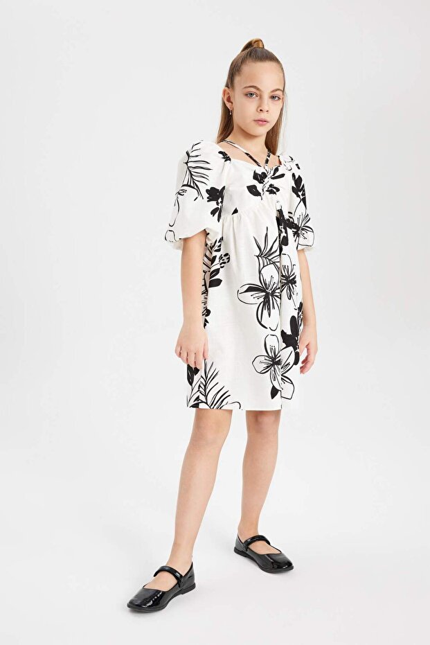 Kız Çocuk Desenli Kısa Kollu Pamuklu Elbise C0534A824SM - 2