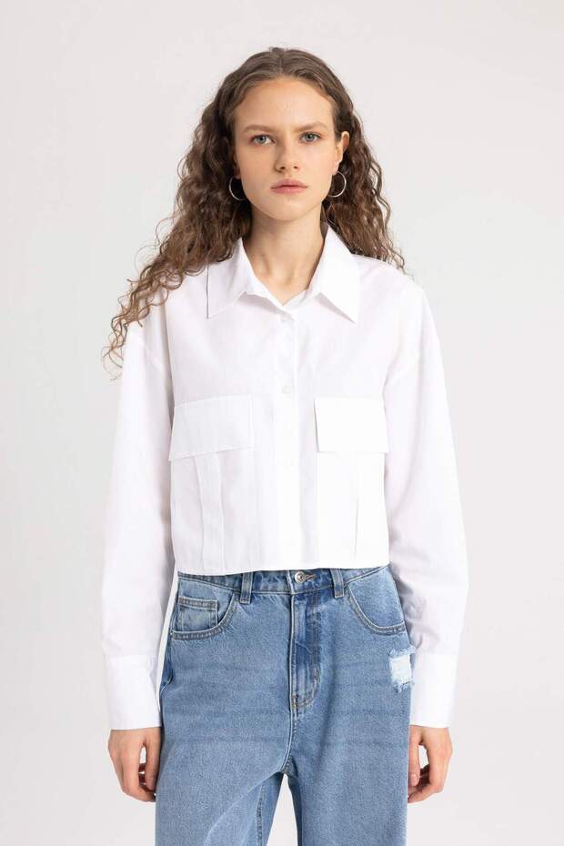 Crop Poplin Basic Düz Uzun Kollu Gömlek C2355AX24SP - 3