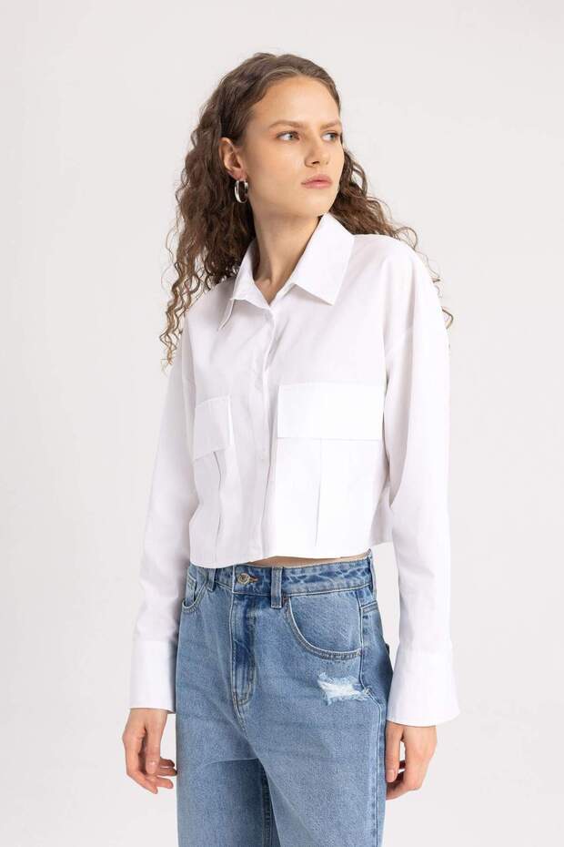 Crop Poplin Basic Düz Uzun Kollu Gömlek C2355AX24SP - 4