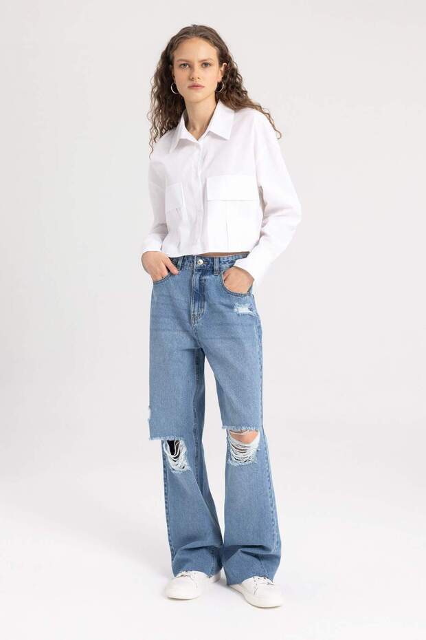 Crop Poplin Basic Düz Uzun Kollu Gömlek C2355AX24SP - 2
