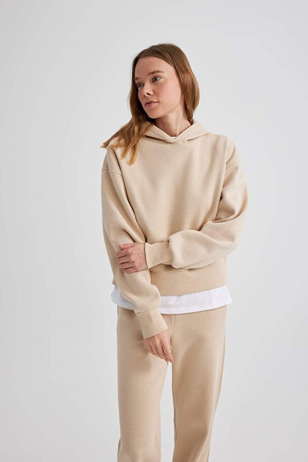 Boxy Fit Kapüşonlu Kalın Basic Düz Sweatshirt B8570AX24SP - 4
