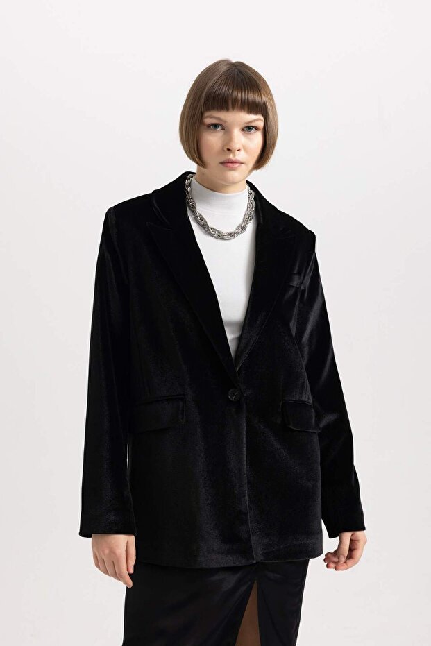 Oversize Wide Fit Double Breasted Velvet Blazer Jacket B4880Ax23Wn