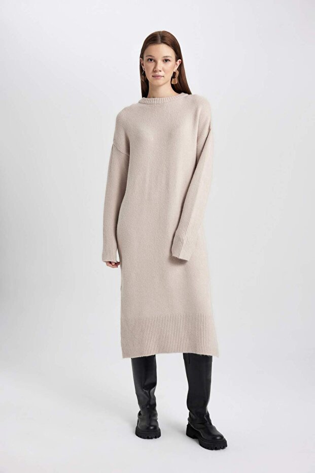 Regular Fit Bisiklet Yaka Basic Düz Uzun Kollu Maxi Triko Elbise C1933AX23WN - 2