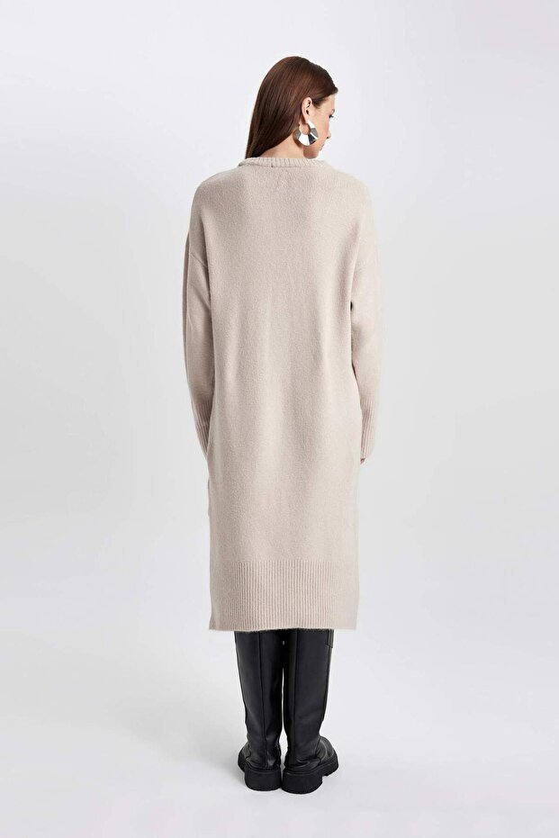 Regular Fit Bisiklet Yaka Basic Düz Uzun Kollu Maxi Triko Elbise C1933AX23WN - 6