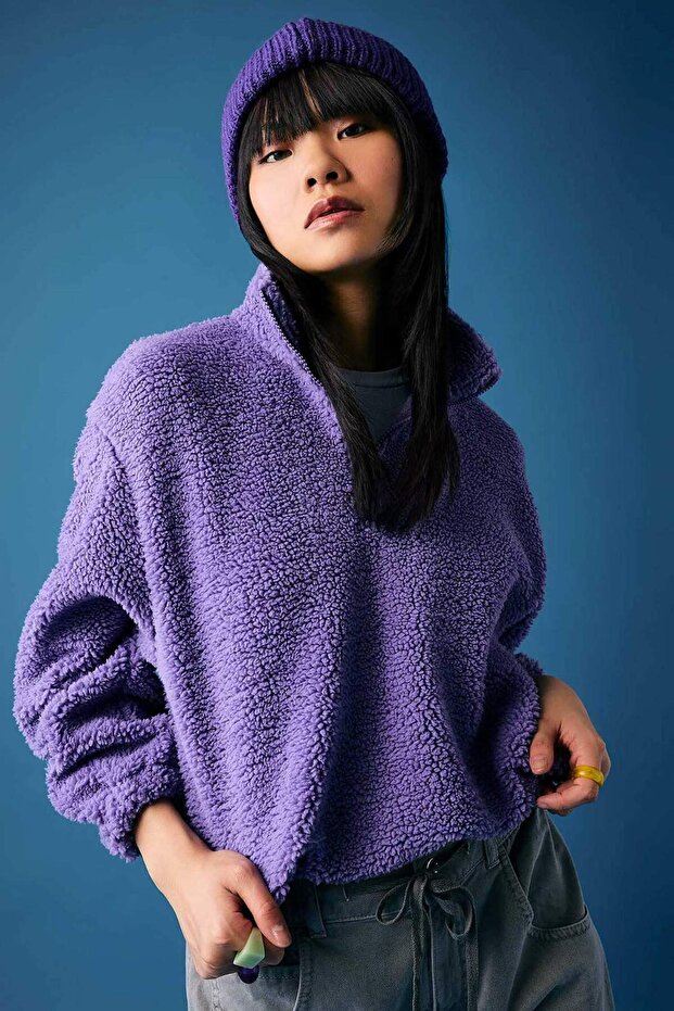 Coool Oversize Fermuarlı Dik Yaka Basic Düz Pelüş Sweatshirt B9836AX23WN - 1