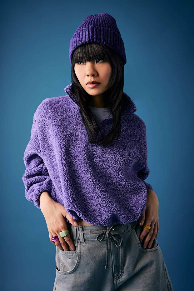 Coool Oversize Fermuarlı Dik Yaka Basic Düz Pelüş Sweatshirt B9836AX23WN - 4