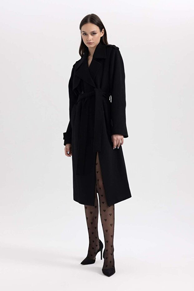 Regular Kalıp Ceket Yaka Apoletli Düğme Kapamalı Cepli Yünlü Uzun Kaşe Kaban A9154AX23WN - 6