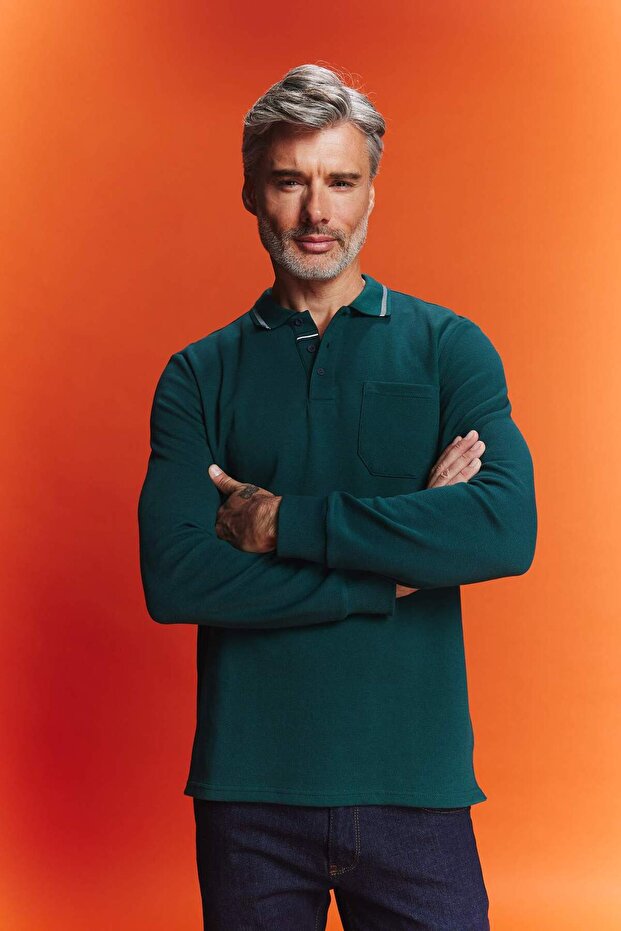 Regular Fit Polo Yaka Pike Basic Düz Sweatshirt B1869AX23AU - 4