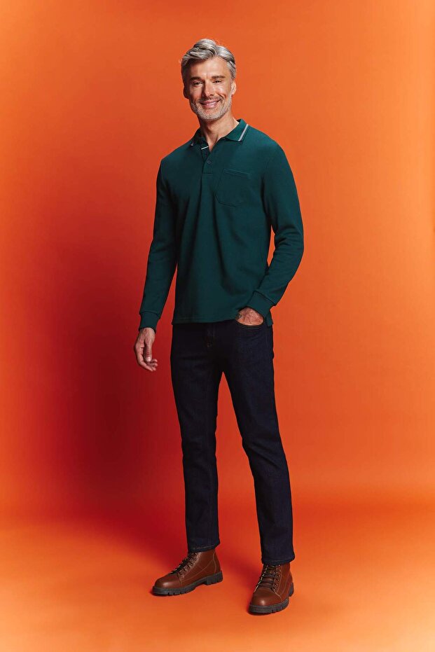 Regular Fit Polo Yaka Pike Basic Düz Sweatshirt B1869AX23AU - 2
