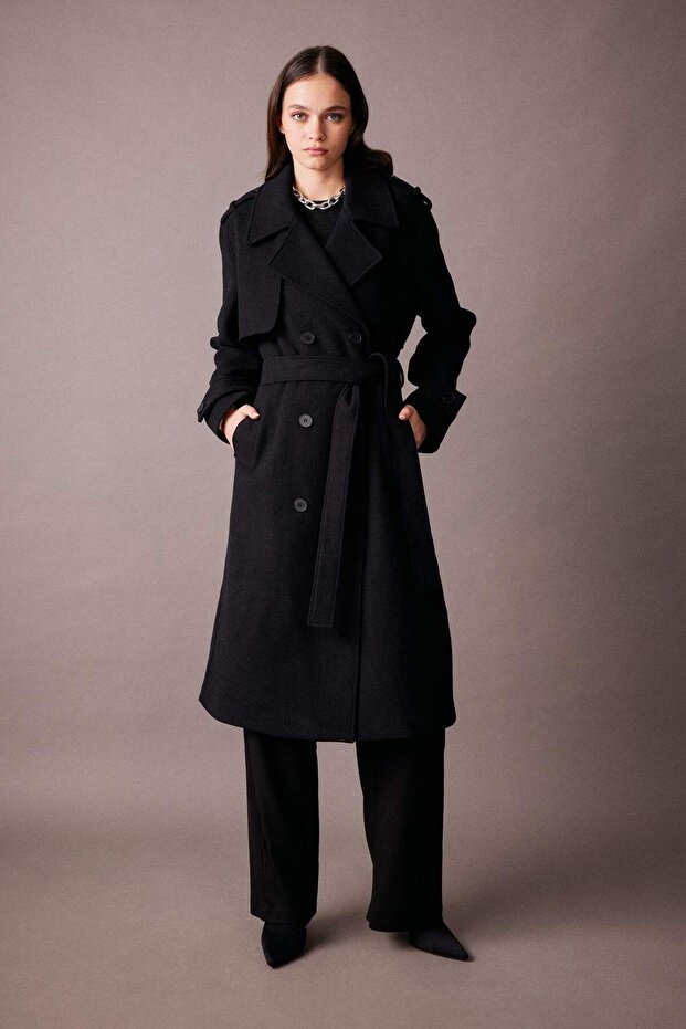 Regular Kalıp Ceket Yaka Apoletli Düğme Kapamalı Cepli Yünlü Uzun Kaşe Kaban A9154AX23WN - 2