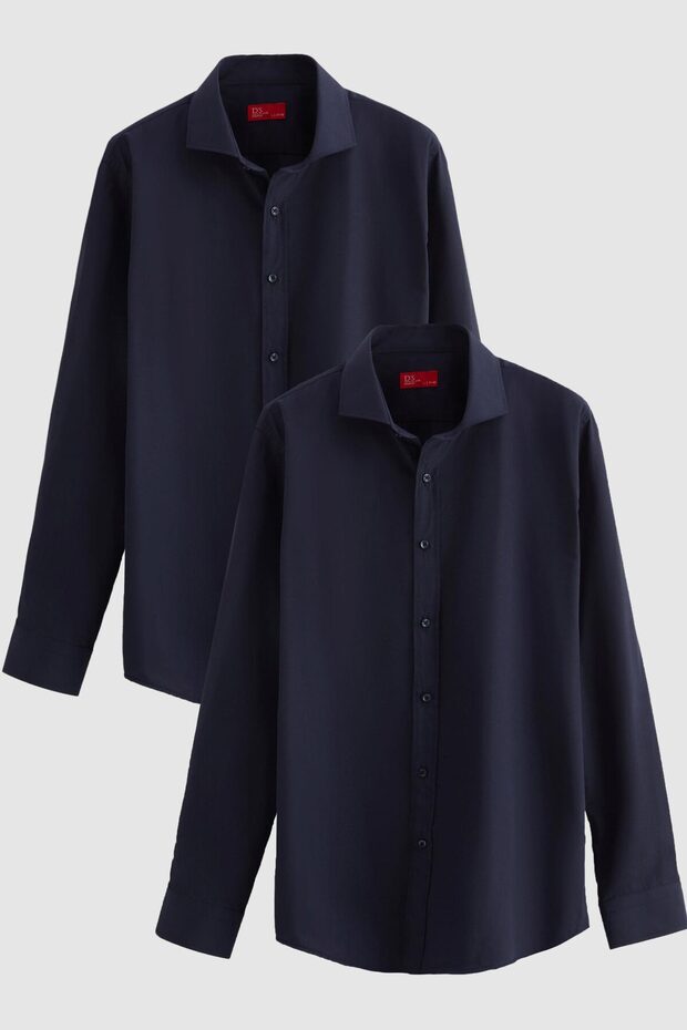 Ds Damat Slim Fit Navy Blue Italian Collar Easy-Iron 2-Piece Shirt