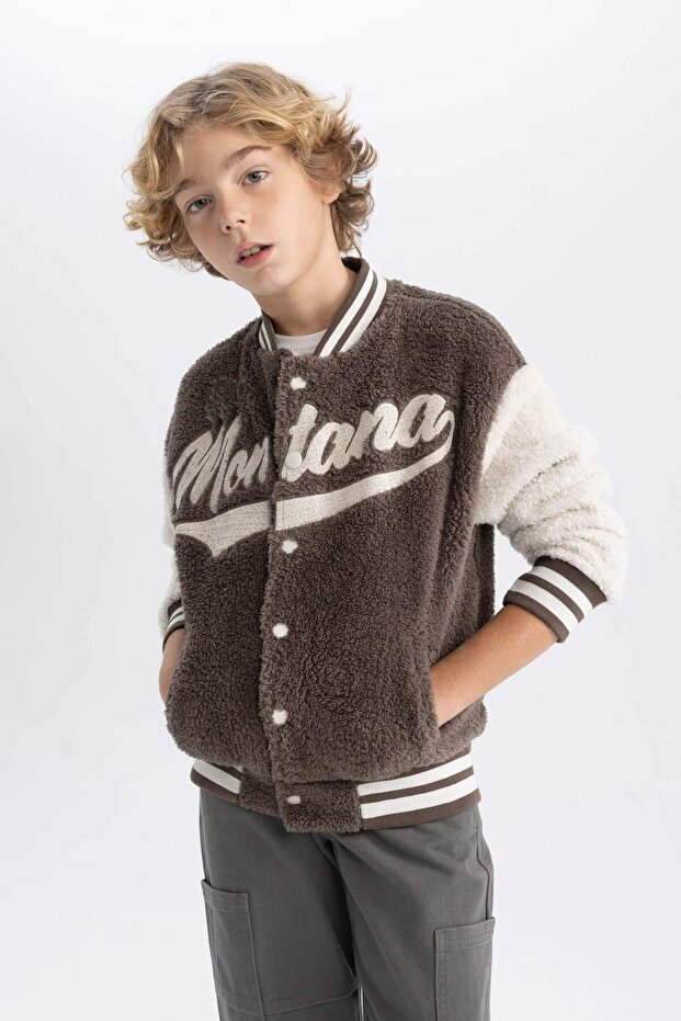 Boys' College Collar Plush Snap Closure Double Pocket Seasonal Bomber Cardigan B3036A823Wn
