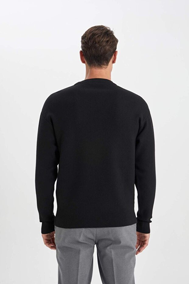 Siyah Relax Fit Bisiklet Yaka Basic Düz Triko Kazak A8449AX23WN - 8