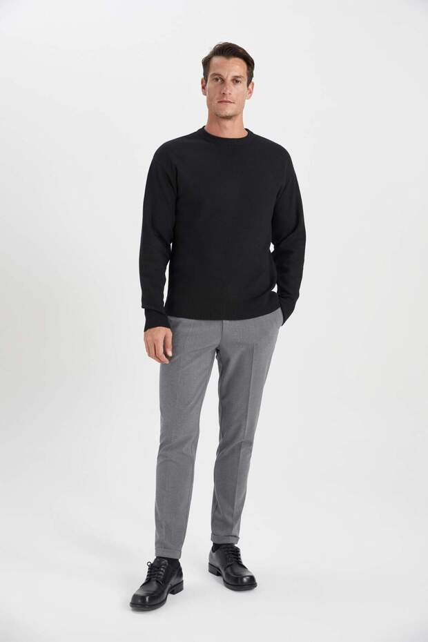 Siyah Relax Fit Bisiklet Yaka Basic Düz Triko Kazak A8449AX23WN - 5