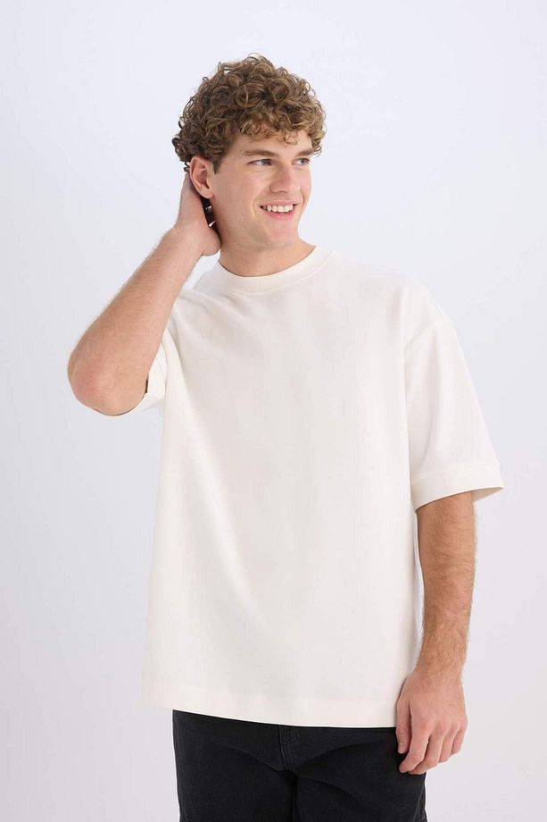 Loose Fit Bisiklet Yaka Kısa Kollu Ağır Kumaş Basic Düz Tişört B4844AX23WN - 3