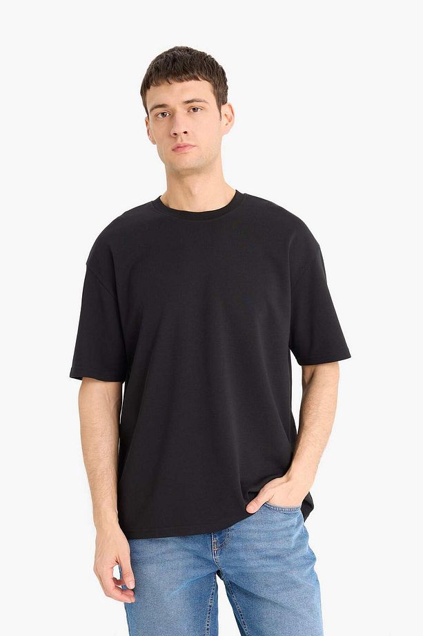 Oversize Geniş Kalıp Bisiklet Yaka Kısa Kollu Basic Düz Ağır Kumaş Tişört X3926AZ23AU - 3