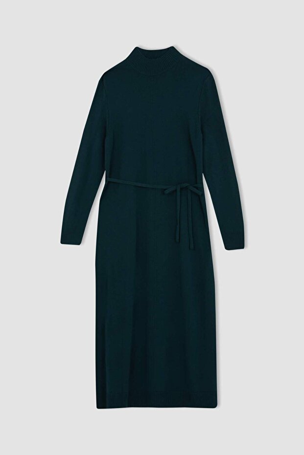Regular Fit Yarım Balıkçı Yaka Basic Düz Yırtmaçlı Uzun Kollu Maxi Triko Elbise A9807AX23WN - 7