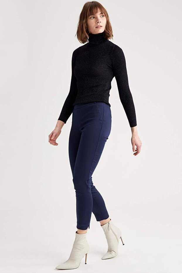 Sigaret Satin Pants Navy Blue Regular Waist Basic Straight Elastic Waist Straight Leg J8743Az23Wn