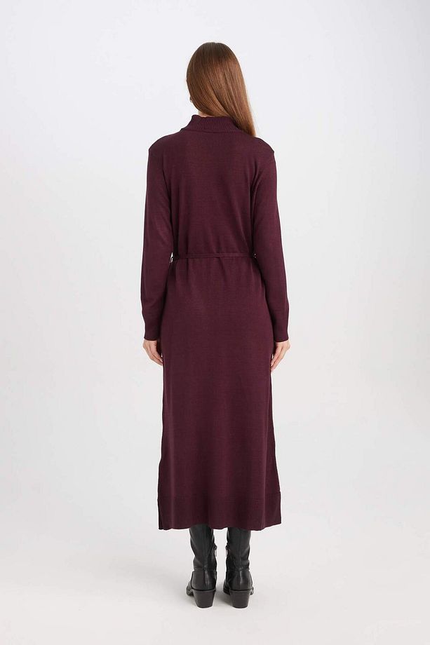 Regular Fit Yarım Balıkçı Yaka Basic Düz Yırtmaçlı Uzun Kollu Maxi Triko Elbise A9807AX23WN - 4