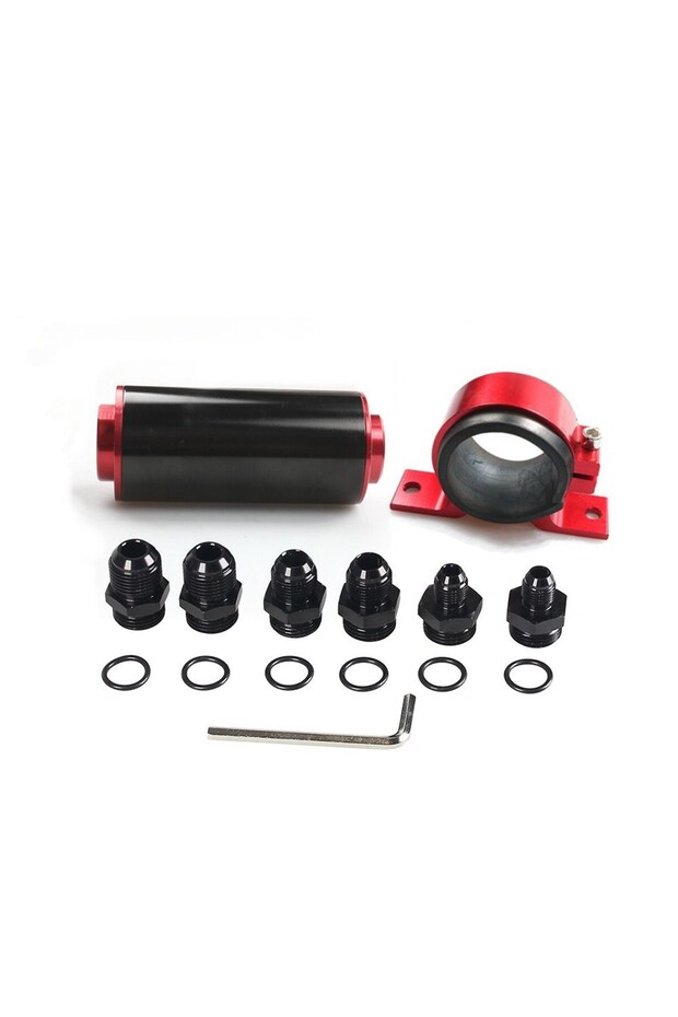 Red 50MM 100 Micron Aluminum Fuel Filter High Flow with AN6 AN8 AN10 Fitting Adapters, Mounting Bra