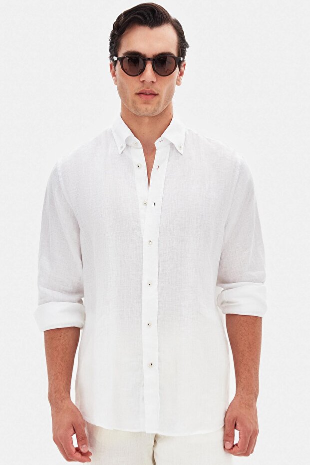 Ds Damat Comfort White Plain 100% Linen Shirt