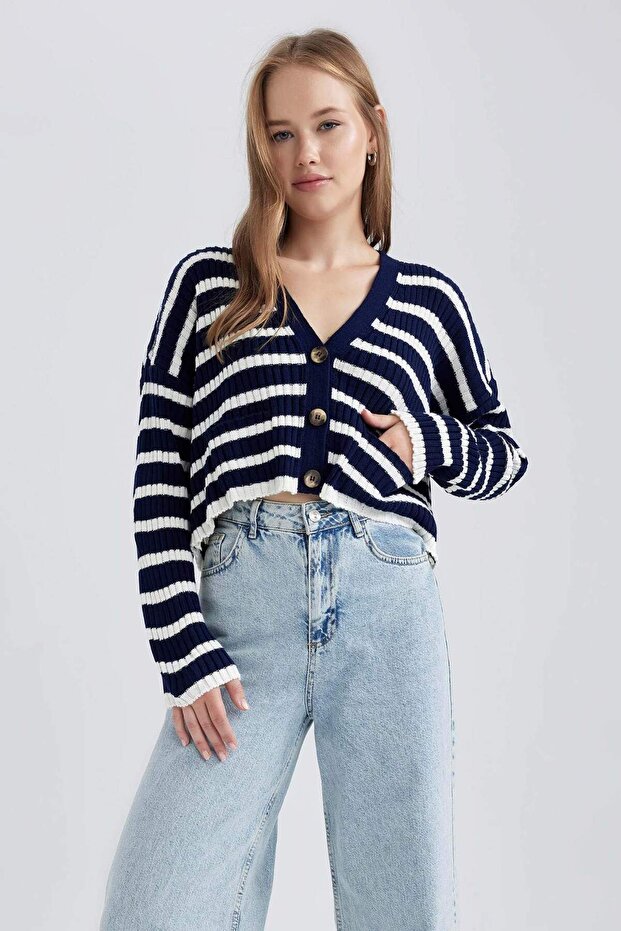Coool Regular Fit Striped V-Neck Knitwear Cardigan A8568Ax23Wn