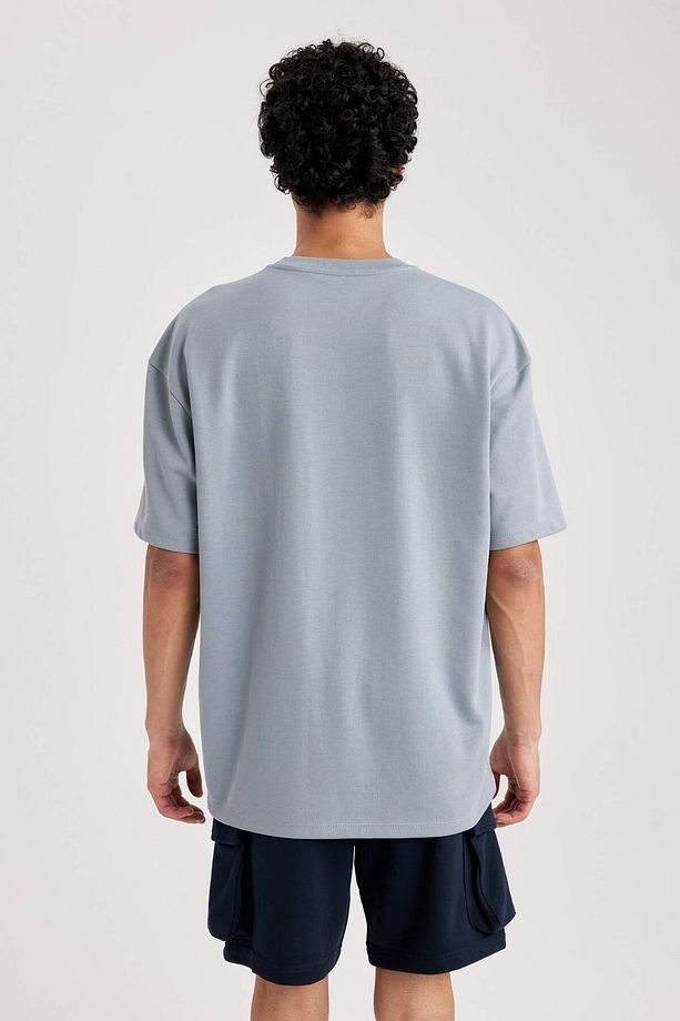 Oversize Geniş Kalıp Bisiklet Yaka Kısa Kollu Basic Düz Ağır Kumaş Tişört X3926AZ23AU - 4