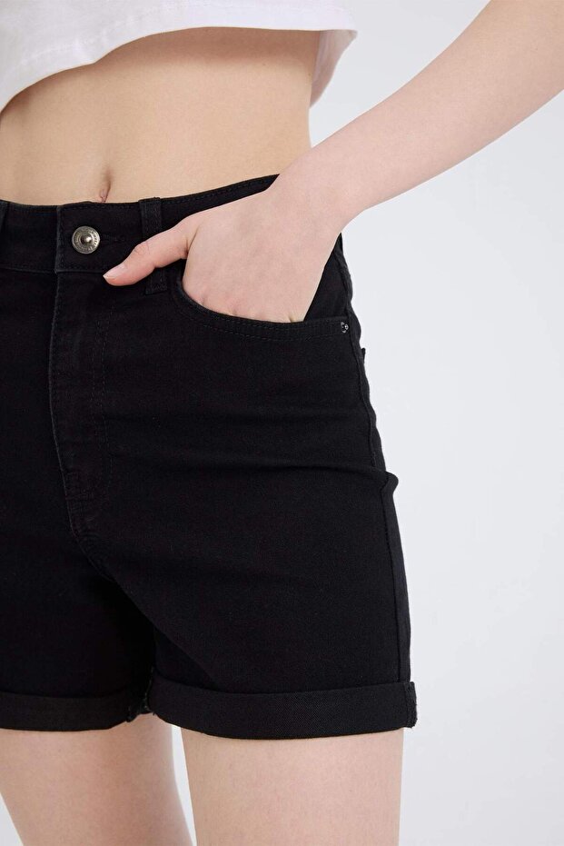 Normal Bel Katlamalı Paça Basic Düz Jean Şort A1959AX23SM - 5