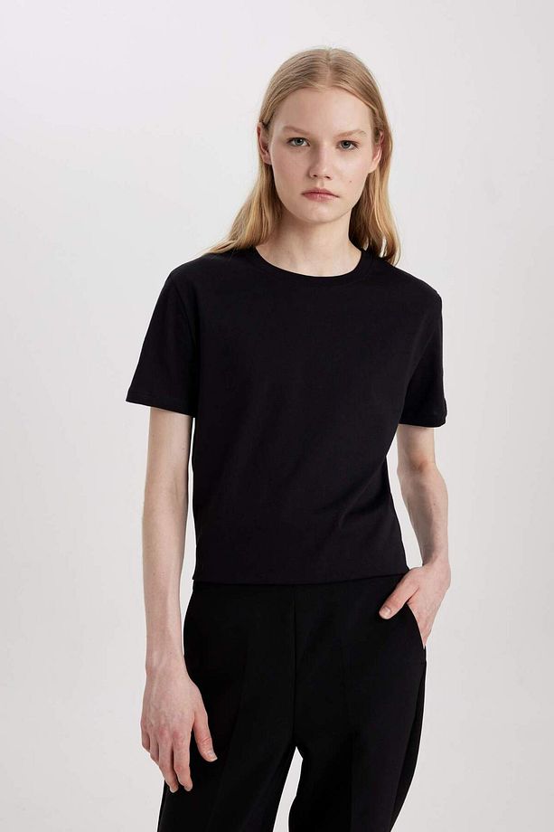 Regular Fit Bisiklet Yaka Penye Basic Düz Kısa Kollu Tişört W9584AZ23SM - 1