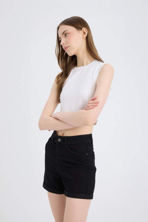 Normal Bel Katlamalı Paça Basic Düz Jean Şort A1959AX23SM - 3